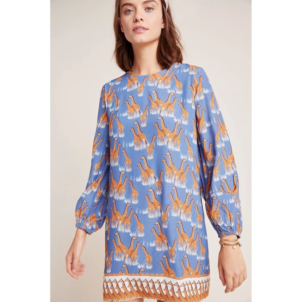 Anthropologie Corey Lynn Calter Giraffe Tunic Dress Size Medium Blue Crepe Shift